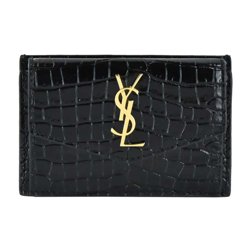 【YSL】金屬LOGO鱷魚壓紋牛皮零錢/卡片夾(黑/金)