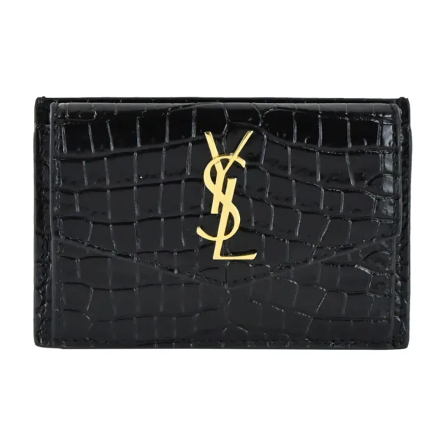 【YSL】金屬LOGO鱷魚壓紋牛皮零錢/卡片夾(黑/金)