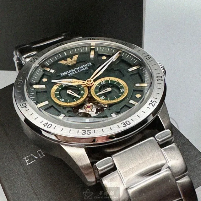 【EMPORIO ARMANI】ARMANI阿曼尼男錶型號AR00057(墨綠色機械鏤空錶面銀錶殼銀色精鋼錶帶款)
