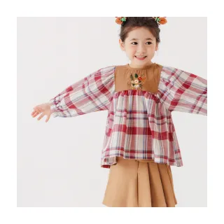 【OB 嚴選】純棉格紋拼接繡花鬆緊袖後釦傘擺寬鬆上衣 《QA1726》