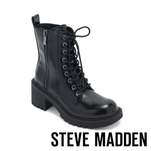 【STEVE MADDEN】CANNY 皮革綁帶厚底短靴(黑色)