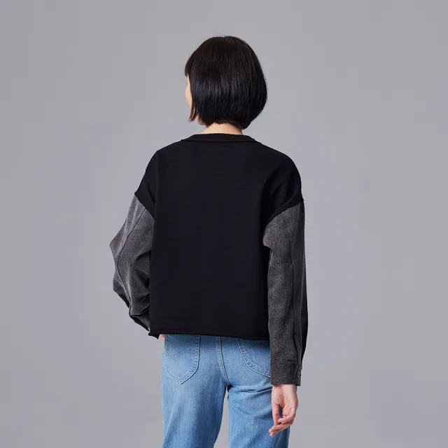 【Lee】女裝 長袖厚T / 異材質 牛仔袖拼接  氣質黑 季節性版型 / 101+系列(LB330026K11)