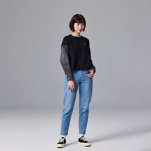 【Lee】女裝 長袖厚T / 異材質 牛仔袖拼接  氣質黑 季節性版型 / 101+系列(LB330026K11)