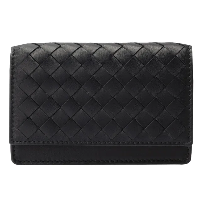 【BOTTEGA VENETA 寶緹嘉】經典小羊皮編織暗釦名片/零錢包(黑133945-V001U-1000)