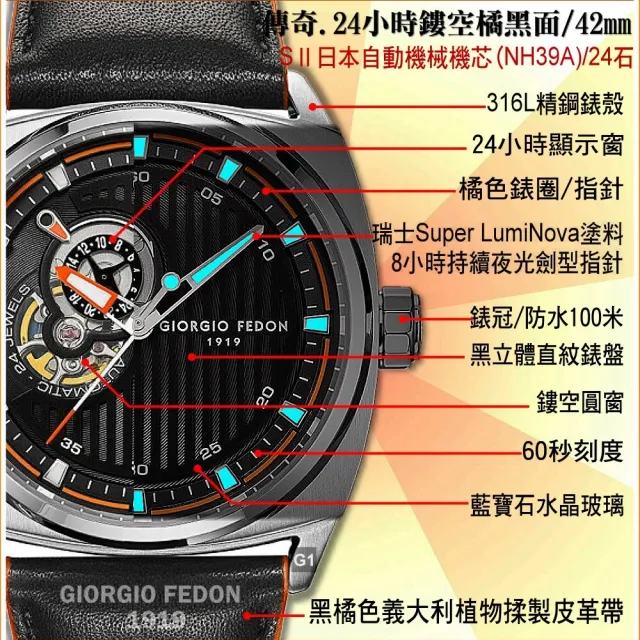 【GIORGIO FEDON 1919】最低價-義大利-喬治菲登LEGEND傳奇系列24小時鏤空黑橘面42㎜-加錶盒G1(GFCN001)