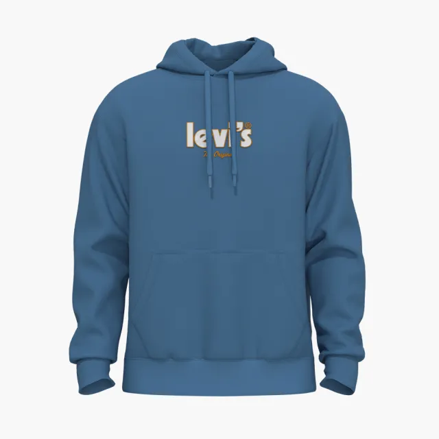 【LEVIS】男 寬鬆版重磅口袋帽T/精工刺繡徽章海報體Logo/400GSM厚棉 海洋藍 熱賣單品 38479-0158