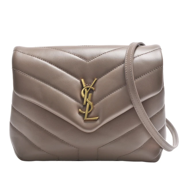 YSL LOULOU系列V字縫線金色金屬LOGO小牛皮斜背包(小-棕色678401-DV707-2846)