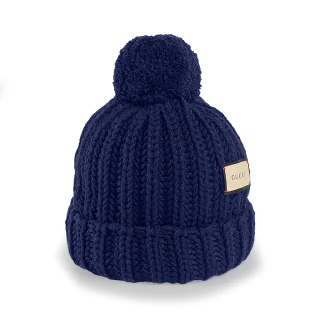 【GUCCI 古馳】652656 品牌標籤造型绒球針織羊毛帽(深藍色)