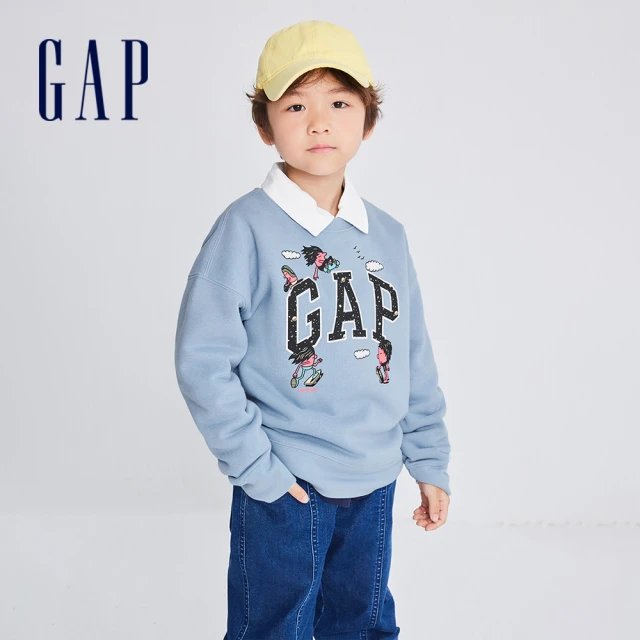 【GAP】男童裝 Gap x JEREMY VILLE聯名 Logo印花刷毛圓領大學T-藍色(854509)