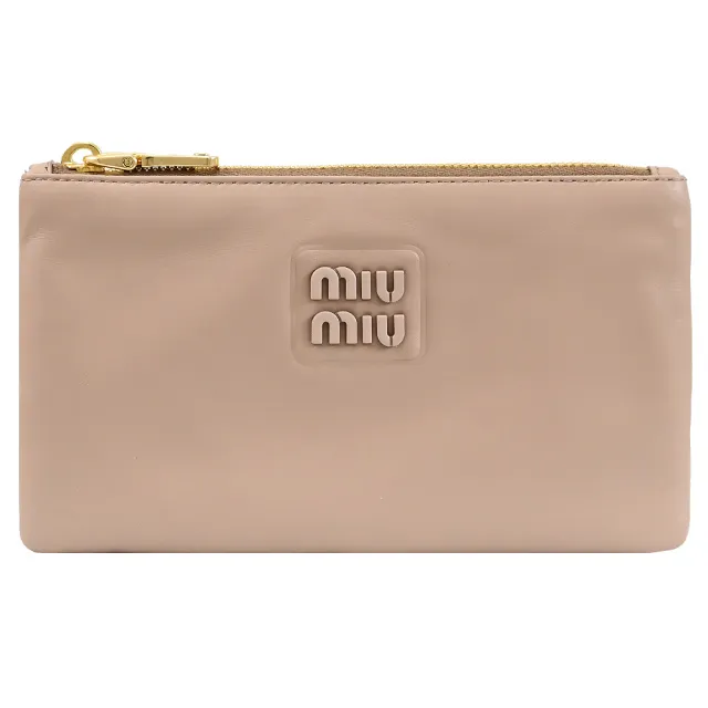 【MIU MIU】簡約經典LOGO皮革信用卡手拿包零錢包簡易短夾(淺駝)