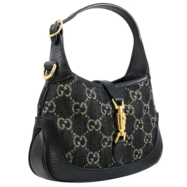【GUCCI 古馳】Jackie 1961 經典雙G丹寧緹花馬銜釦雙背帶迷你手提包賈姬包兩用包(黑)