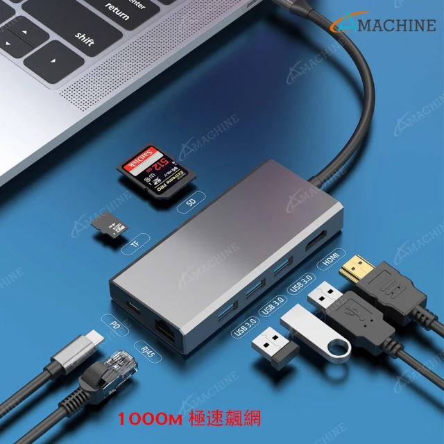 【Amachine】AMT-H04  TYPE C極速PD 8合1 多功能HUB(HDMI/PD快充/USB3.0/GigaLAN/TF/SD)