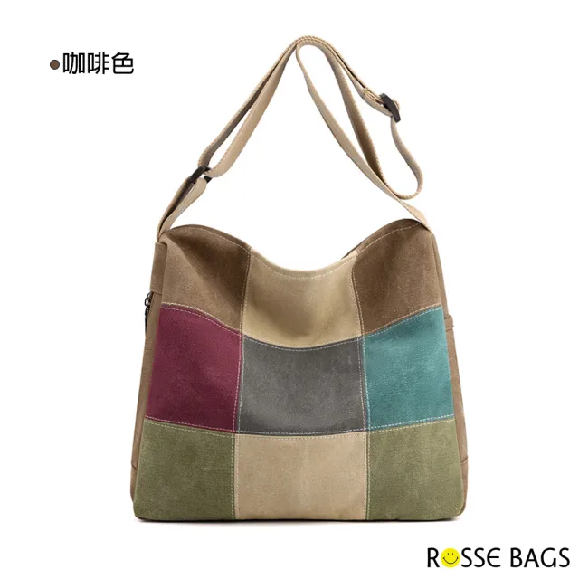 【Rosse Bags】簡約拼接帆布大容量肩背包(現+預  灰色 / 咖啡色)