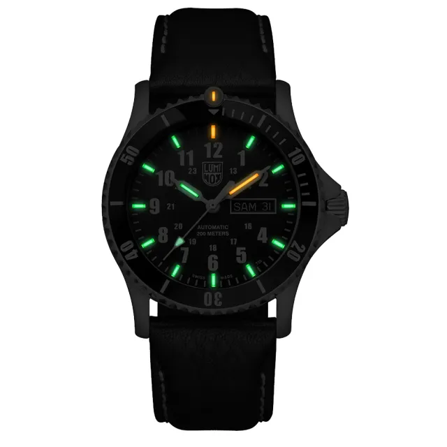 【LUMINOX 雷明時】Sport Timer 200米潛水自動機械錶 瑞士錶(42mm/ 純黑/ 黑陶瓷圈 / 牛皮錶帶 0921)