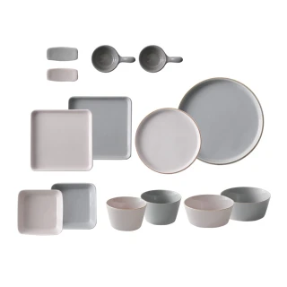 【好拾物】SSUEIM LEED系列 莫蘭迪 陶瓷碗盤 餐具(14件組 粉+灰)