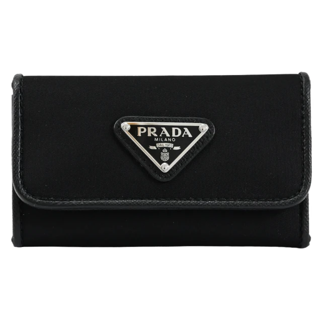 PRADA 普拉達PRADA 普拉達 經典三角LOGO尼龍牛皮拼接6孔信用卡鑰匙包(黑)