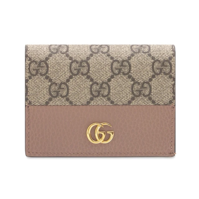 GUCCI 古馳GUCCI 古馳 658610 經典金屬雙G LOGO牛皮拚帆布暗釦萬用信用卡夾/短夾(暗粉色)