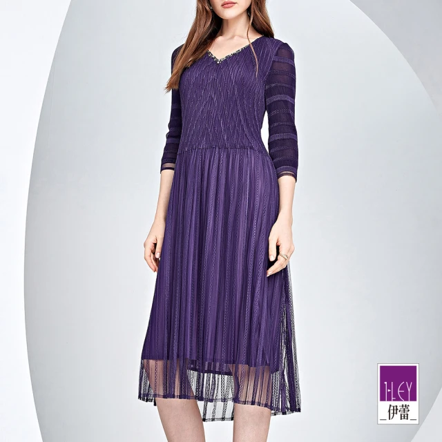 ILEY 伊蕾 貴氣亮鑽壓摺網紗長洋裝(深紫色；M-XL；1233567104)