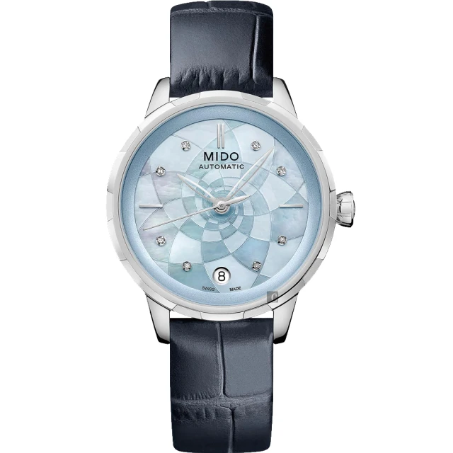 【MIDO 美度】官方授權 Rainflower 花雨系列真鑽機械女錶-珍珠貝x藍/34mm(M0432071613100)