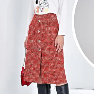 【ILEY 伊蕾】紅白格紋花呢開衩小香鉛筆裙(紅色；M-XL；1234542204)