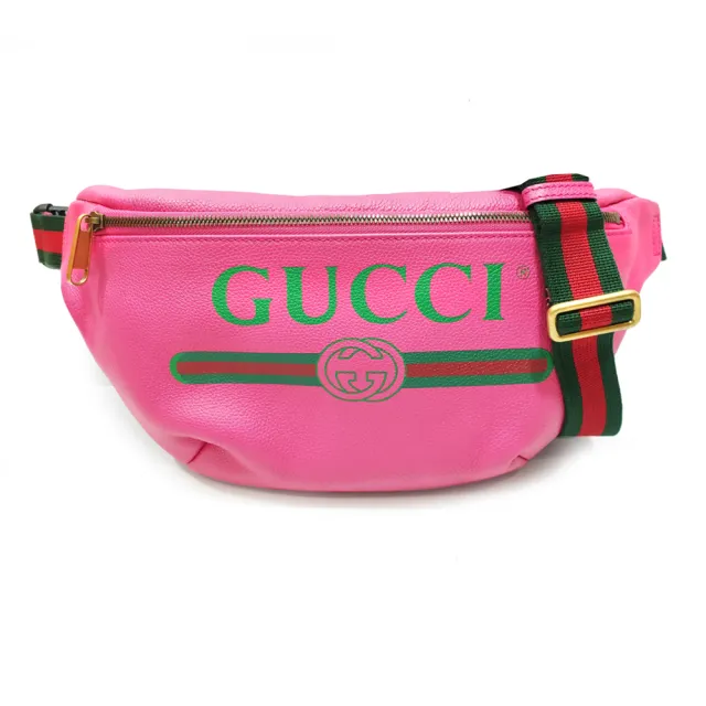 【GUCCI 古馳】經典GUCCI PRINT系列復古綠紅綠織帶牛皮腰包/斜背兩用包(多色可選)