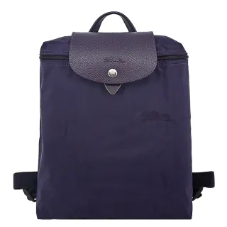【LONGCHAMP】LE PLIAGE GREEN系列刺繡再生尼龍摺疊後背包(中/藍莓)