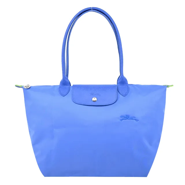 【LONGCHAMP】LE PLIAGE GREEN系列刺繡長把再生尼龍摺疊水餃包(大/矢車菊藍)