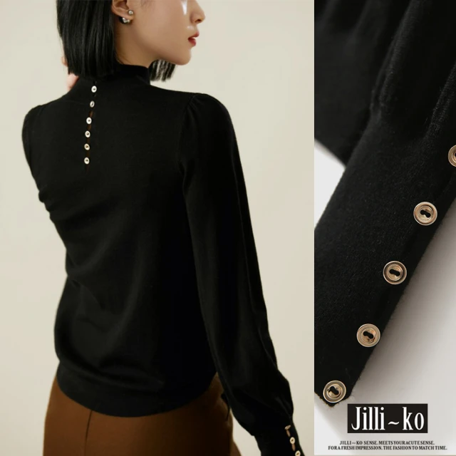 【JILLI-KO】鏤空袖造型扣女半高領打底針織衫-F(黑)