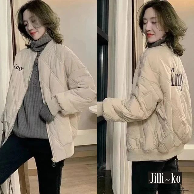 JILLI-KO 英文刺繡菱形棒球加厚羽絨棉外套-F(杏)