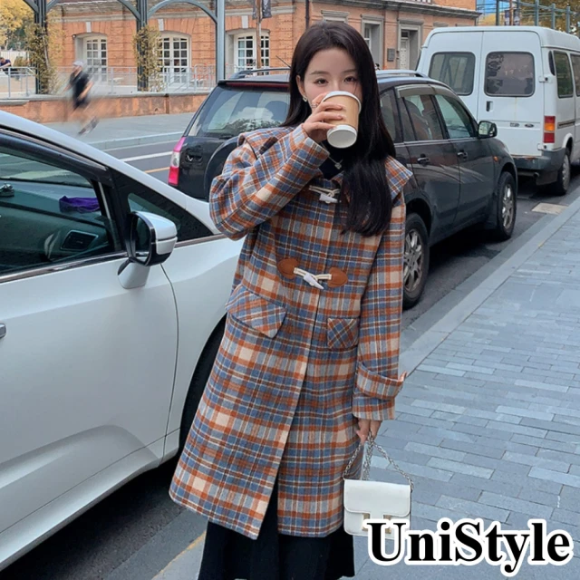 UniStyle 毛呢長袖外套 韓版格紋加厚短版大衣夾克 女