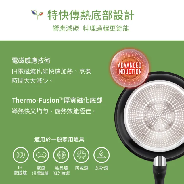 【Tefal 特福】法國製綠生活陶瓷不沾鍋系列24CM平底鍋-曜石黑(IH爐可用鍋)