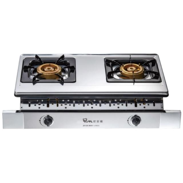 JTL喜特麗 JT-GU201S 雙口瓦斯爐，採用不鏽鋼爐臺與純銅爐頭，耐用抗鏽，傳統外擴火焰設計確保均勻加熱。壓電式點火方便安全，瓦斯消耗量10~11kW，節能高效。產地優質，BSMI許可R31028，保固1年，標準安裝，適閤家庭廚房，提升烹飪體驗。