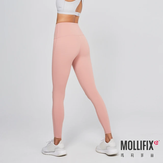 【Mollifix 瑪莉菲絲】高腰彈力無痕瑜珈褲、瑜珈服、Legging(玫瑰粉)