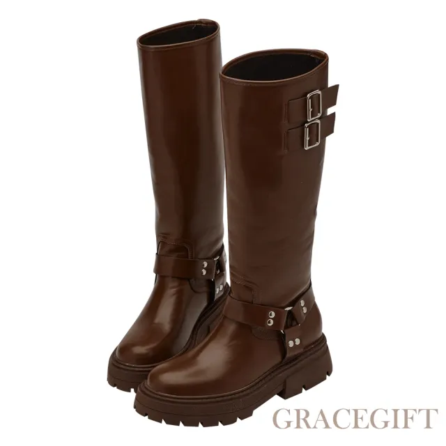 【Grace Gift】時髦金屬釦環厚底長靴