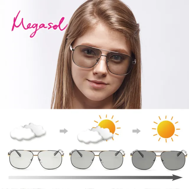 【MEGASOL】寶麗萊UV400偏光矩方金屬雷X太陽眼鏡(感光變色全天候適用-BS0960)