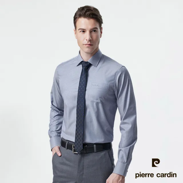 【pierre cardin 皮爾卡登】男襯衫 合身版天絲棉混紡絲滑透氣防皺保型條紋長袖襯衫_深灰條(92854-94)