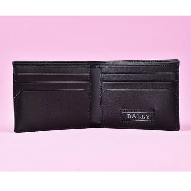 【BALLY】BALLY BEVYE壓印LOGO牛皮條紋設計6卡對折男士短夾(黑)