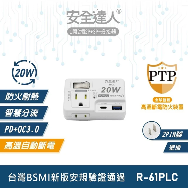 安全達人 PD+QC 20W轉接器 氮化鎵快充頭 1開2插 2P+3P(插座｜壁插｜分接器｜擴充頭)