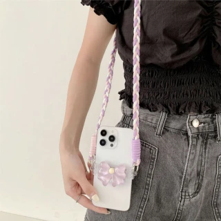 【JC Collection】創意立體蝴蝶結造型手機背夾彩色背繩可調節*適用於任何手機*(藍、粉、紫、黃)