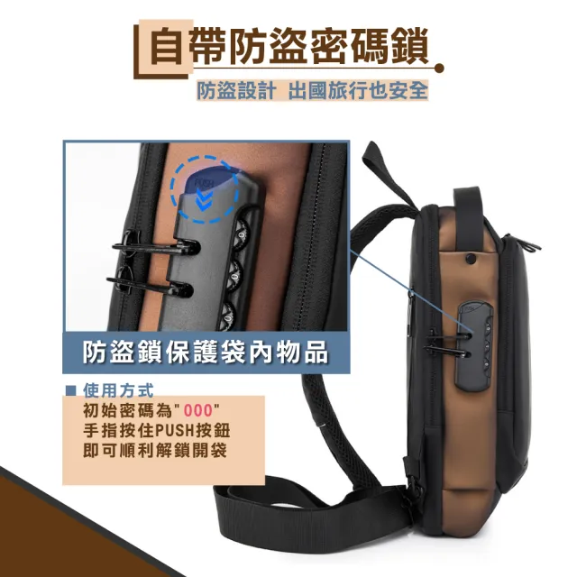 【iBuy+愛敗家】密碼鎖防盜斜背包(附USB對接線 防水防刮 單肩包 胸包 側背包 男包 包包 中性款)