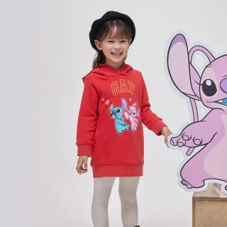 【GAP】女幼童裝 Gap x 史迪奇聯名 Logo印花刷毛連帽長袖洋裝-紅色(847191)