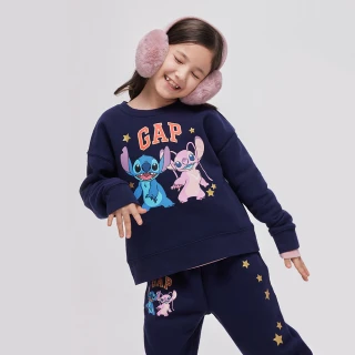 【GAP】女童裝 Gap x 史迪奇聯名 Logo印花刷毛圓領大學T-海軍藍(847132)