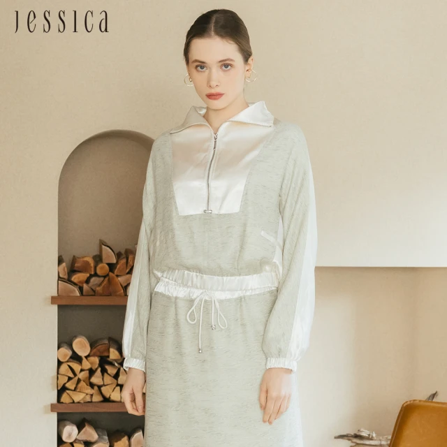JESSICA 休閒百搭拼接緞面拉鏈鬆緊腰上衣J35301（綠）