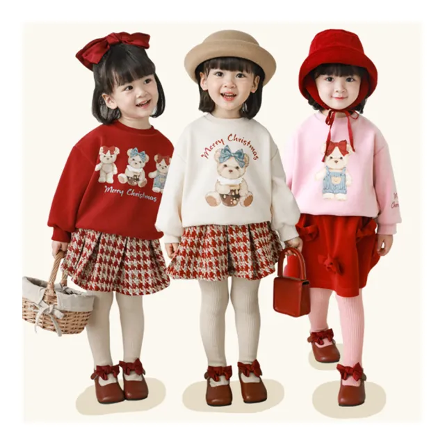 【安朵童舖】現貨韓版兒童加絨長袖上衣女寶上衣小熊圓領上衣女童拜年服(126)