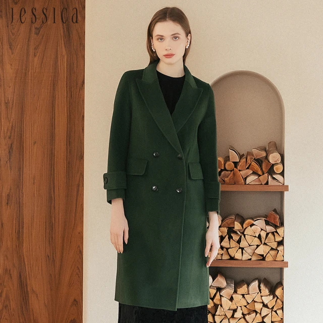 JESSICA 氣質修身保暖顯瘦翻領羊毛大衣外套J35C01（綠）