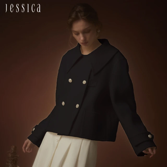 JESSICA 甜美娃娃領雙排扣短版羊毛外套J35C09（黑）