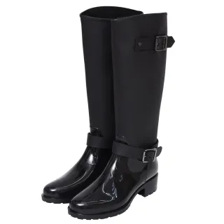 【Ann’S】傘下私著-拼接曲線扣帶防水粗跟長筒雨靴3.5cm(黑)