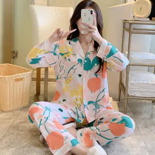 【IMACO】長袖兩件套滿版印花圖案薄款嫘縈開衫女睡衣褲家居服