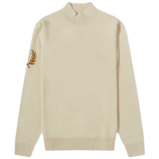 【FRED PERRY】男款 品牌LOGO 羊毛混紡針織衫-燕麥色(M號、L號、XL號)