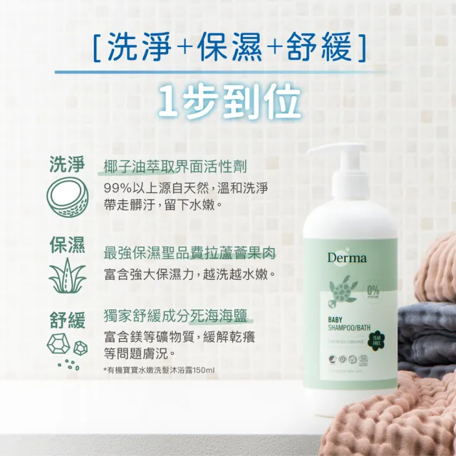 【Derma 丹麥德瑪】寶寶有機水嫩洗髮沐浴露 150ml(寶寶沐浴、嬰兒沐浴)